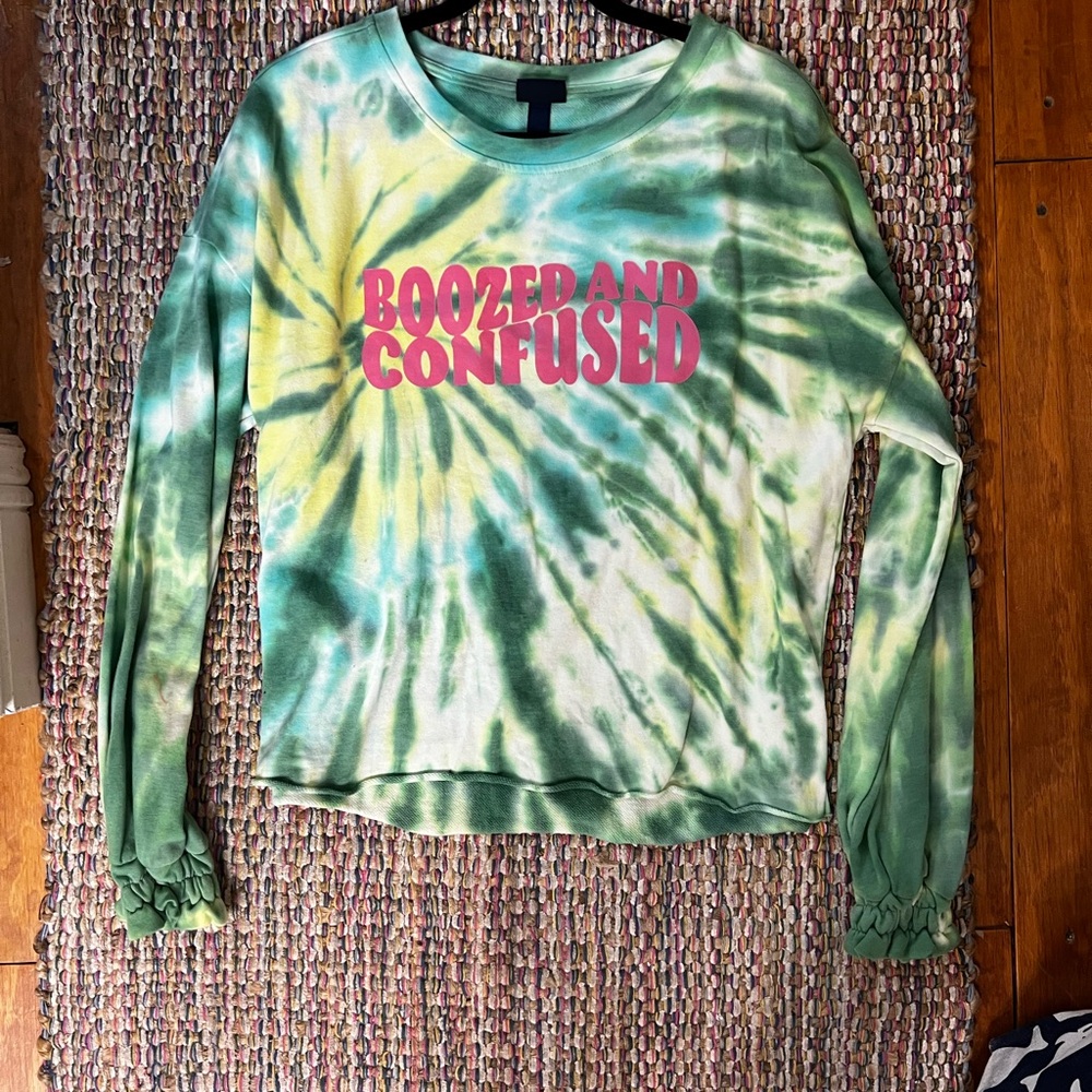 Green Tie-Dye Boozed and Confused Long Sleeve Sweatshirt